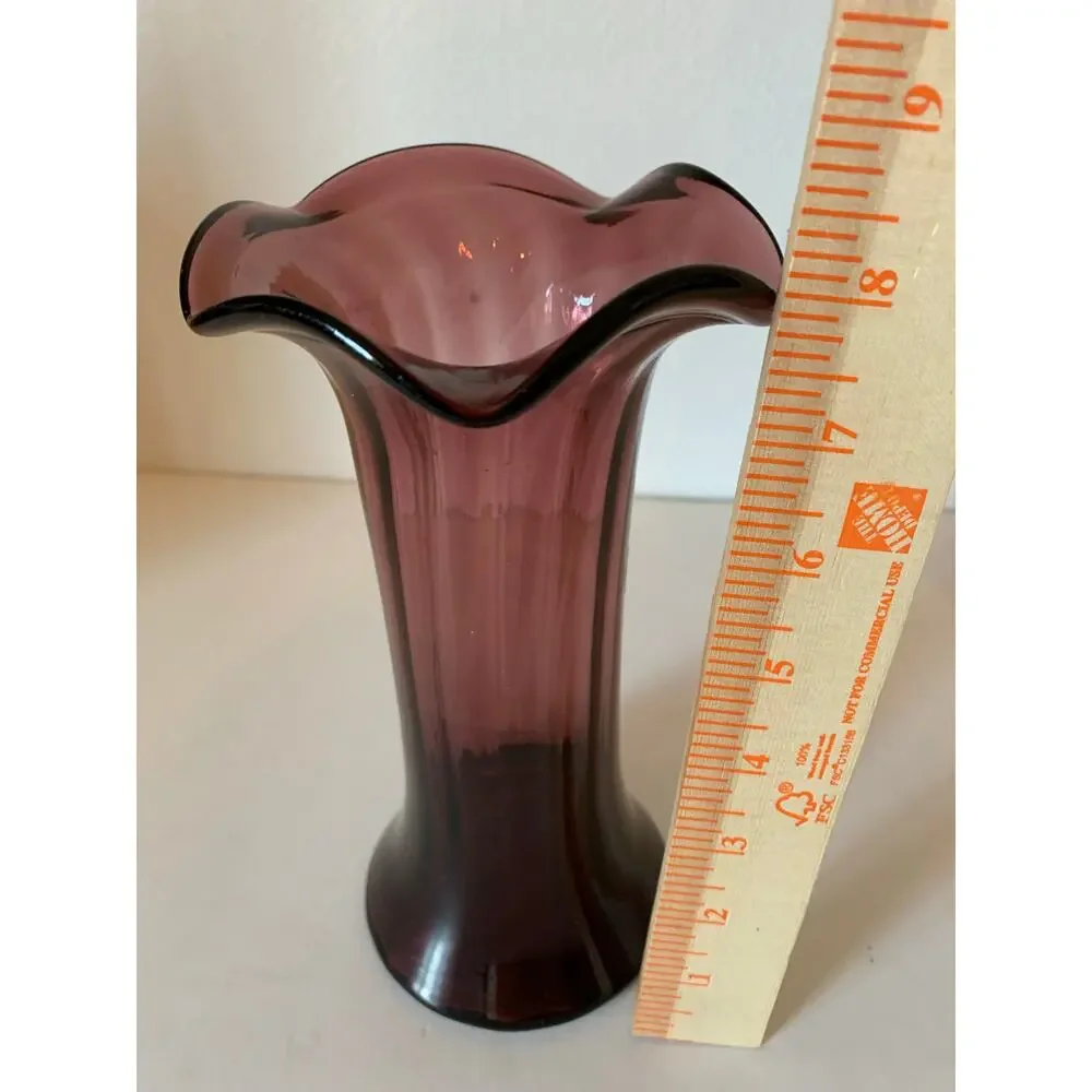 Vintage Beacon Purple Amethyst Blown Glass Vase Ruffled rim